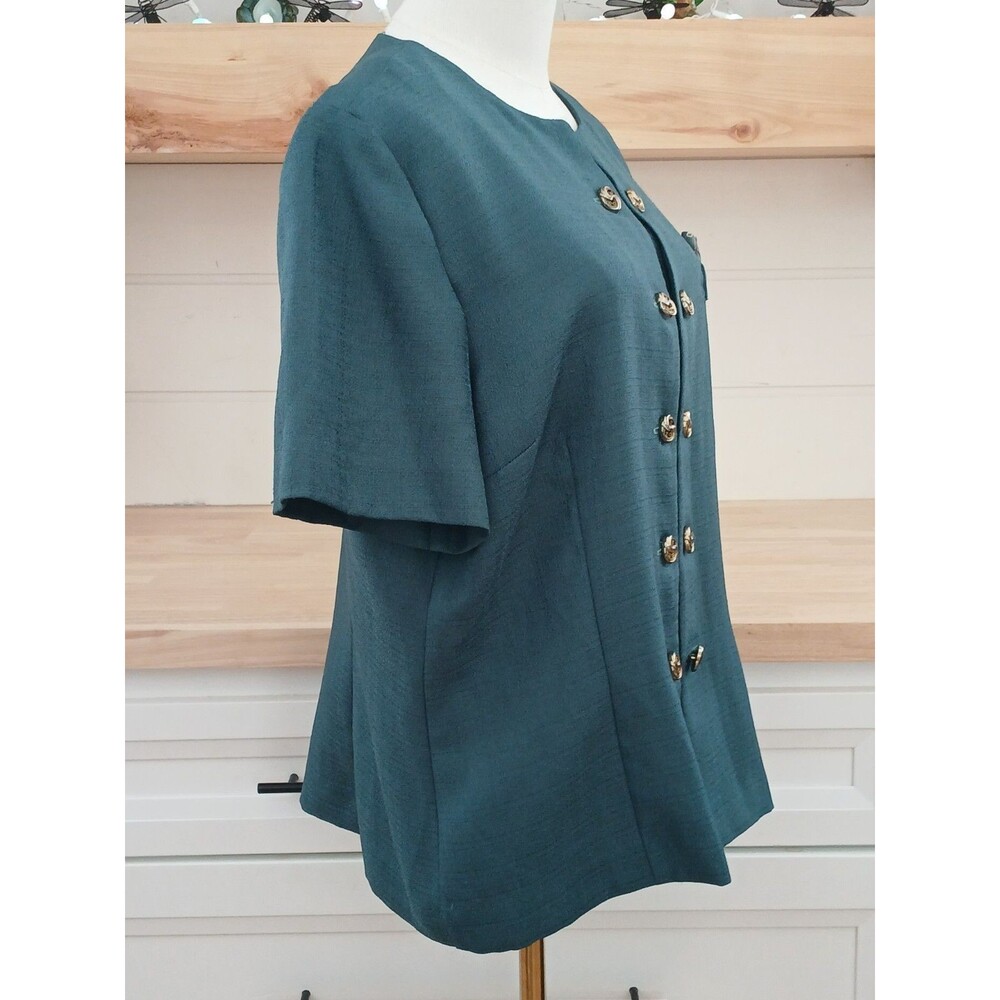 Vintage Leslie Fay Teal Short Sleeve Blazer Jacket Gold Buttons Women's Size 16 - Picture 4 of 13
